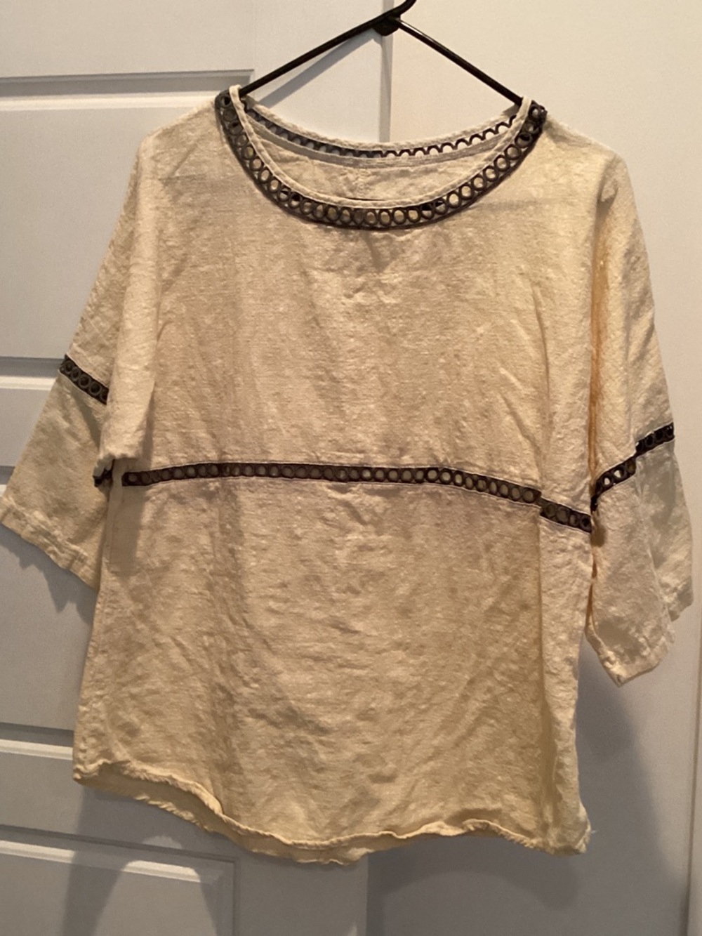 Women’s Cream Short-Sleeve Top with Decorative Trim
